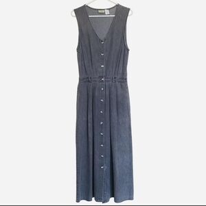 Vintage LL Bean 100% Cotton Grey Denim maxi dress with button up Front